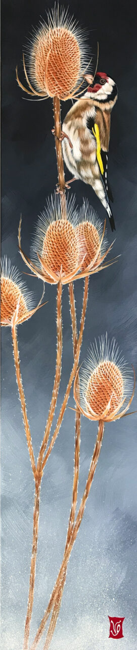 Au cabaret (Chardonneret et chardons), Acrylique sur toile, 22 x 100 cm, 2020-<a style='font-size:20px;'href='https://www.valerieglasson.com/contact/'><strong>Disponible</strong></a>