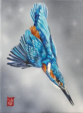 En piqué (martin-pêcheur), Acrylique sur toile, 18 x 24 cm, 2024- <span class="mydispo"><a href="/contact">Disponible</a></span>