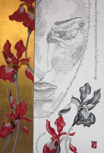 Acrylique, feuilles d'or et calligraphie d'après un poème de Jean Lorrain, 50 x 70 cm, 2013 - <a style='font-size:20px;'href='https://www.valerieglasson.com/contact/'><strong>Disponible</strong></a>