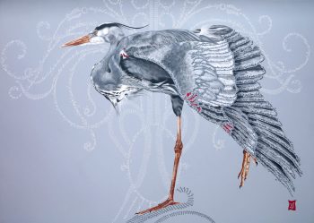 L'invite du héron, Acrylique et calligraphie d'après un poème de Cheng, 70 x 100 cm, 2014 - Collection particulière