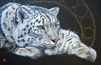 Nocturne (léopard des neiges), Acrylique et calligraphie d'après un poème de Cheng, 65 x 100 cm, 2018- Collection particulière