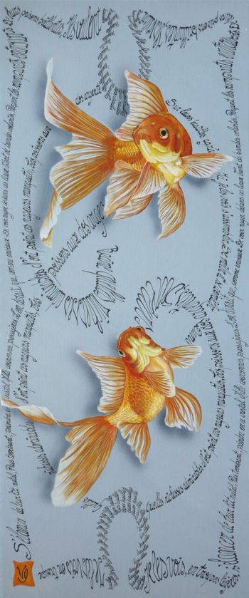 S'enfuir dans les airs II, Acrylique et calligraphie (un poème de Racine), 25 x 60 cm, 2015 - <a style='font-size:20px;'href='https://www.valerieglasson.com/contact/'><strong>Disponible</strong></a>