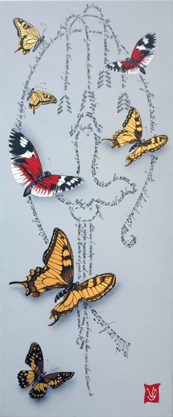 S'envoler comme un souffle I, Acrylique, feuilles d'or et calligraphie (Lamartine), 25 x 60 cm, 2015 - Collection particulière