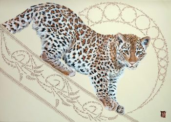 Sur le fil, Acrylique et calligraphie d'après un poème de Borgès, 50 x70 cm, 2014 - Collection particulière