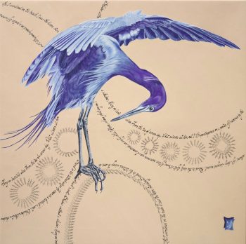 Suspendu à des fils invisibles, Acrylique et calligraphie d'après un poème de Carolyn Kizer, 60 x 60 cm, 2015 - Collection particulière