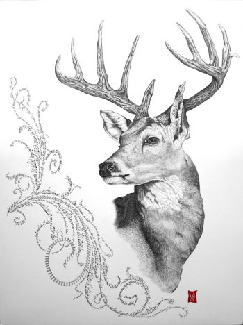 Cerf, encre de Chine et calligraphie d'après un poème de Rimbaud, 60 x 80 cm, 2016 - Travail de commande