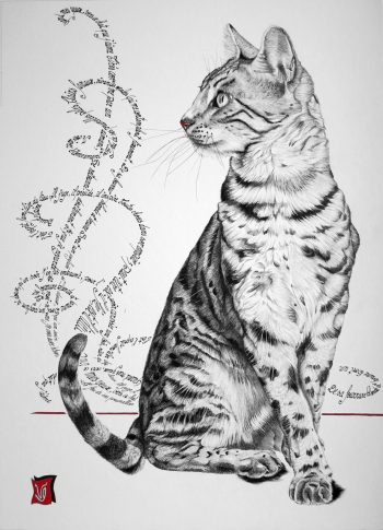 Le feu de ses prunelles, Encre rehaussée de gouache et calligraphie d'après 'Le Chat' de Baudelaire, 36 x 51 cm, 2014