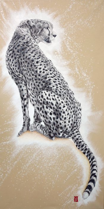 Le messager du vent (guépard), Encre de Chine et acrylique sur toile, 60 x 120 cm, 2019 - Collection particulière