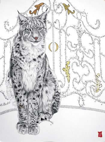 La nature est un temple (Lynx), Encre, feuilles d'or et calligraphie d'après Baudelaire, 60 x 80 cm, 2018- Collection particulière
