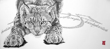 Prêt à bondir, Encre de Chine et calligraphie d'après un poème de Kenneth White, 35 x 80 cm, 2015 - Collection particulière