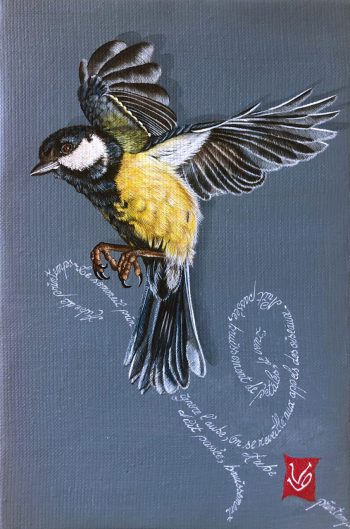 Mésange (Oiseaux de printemps), Acrylique et calligraphie d'après un poème de Meng Hao-Jan, 16 x 24 cm, 2019- Collection particulière