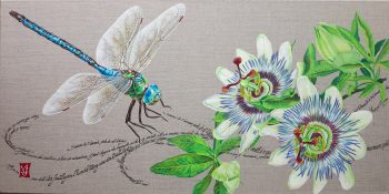 Méditation, Acrylique et calligraphie d'après François Cheng, toile de lin brut, 40 x 80 cm, 2018- Collection particulière