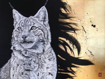 De feu et de glace (Lynx), Encre de Chine, acrylique et feuilles d'or, 60 x 80 cm, 2018-Collection particulière