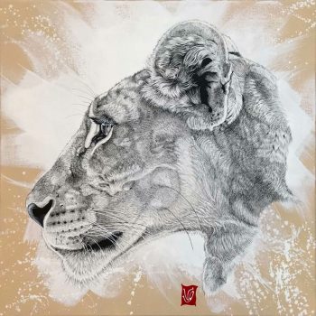 Princesse des savanes (Lionne), Encre de Chine et acrylique sur toile, 50 x 50 cm, 2019- Collection particulière