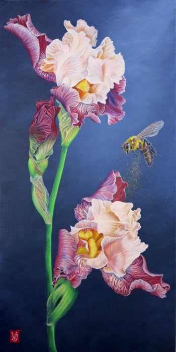 Souffle de pétales (iris et abeille), Acrylique sur toile, 40 x 80 cm, 2020- Collection particulière
