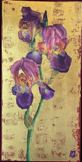 De pourpre et d'or (Iris), Acrylique et poudre de bronze sur toile, 40 x 80 cm, 2021-Collection particulière