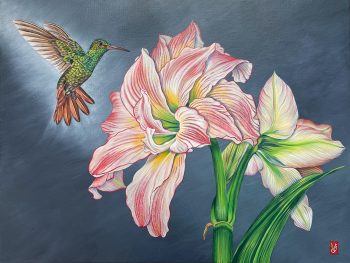 En un battement d'ailes (Colibri et amaryllis), Acrylique sur toile, 60 x 80 cm, 2022- <span class="mydispo"><a href="/contact">Disponible</a></span>