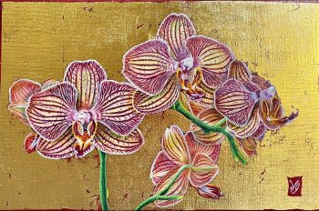 Orchidées-papillons, Acrylique et feuilles d'or sur toile, 27 x 41 cm, 2023- <span class="mydispo"><a href="/contact">Disponible</a></span>